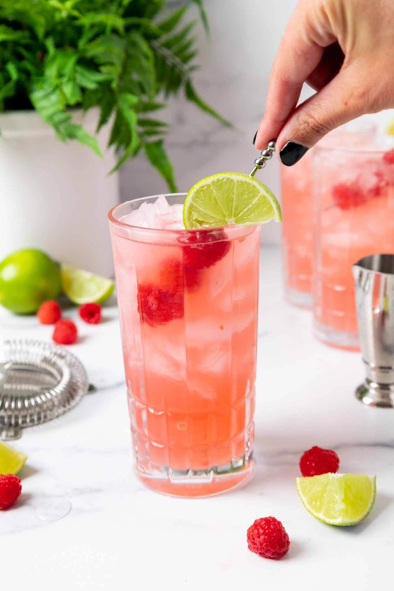 image of a floradora cocktail that's been garnished with a lime wedge and fresh raspberries