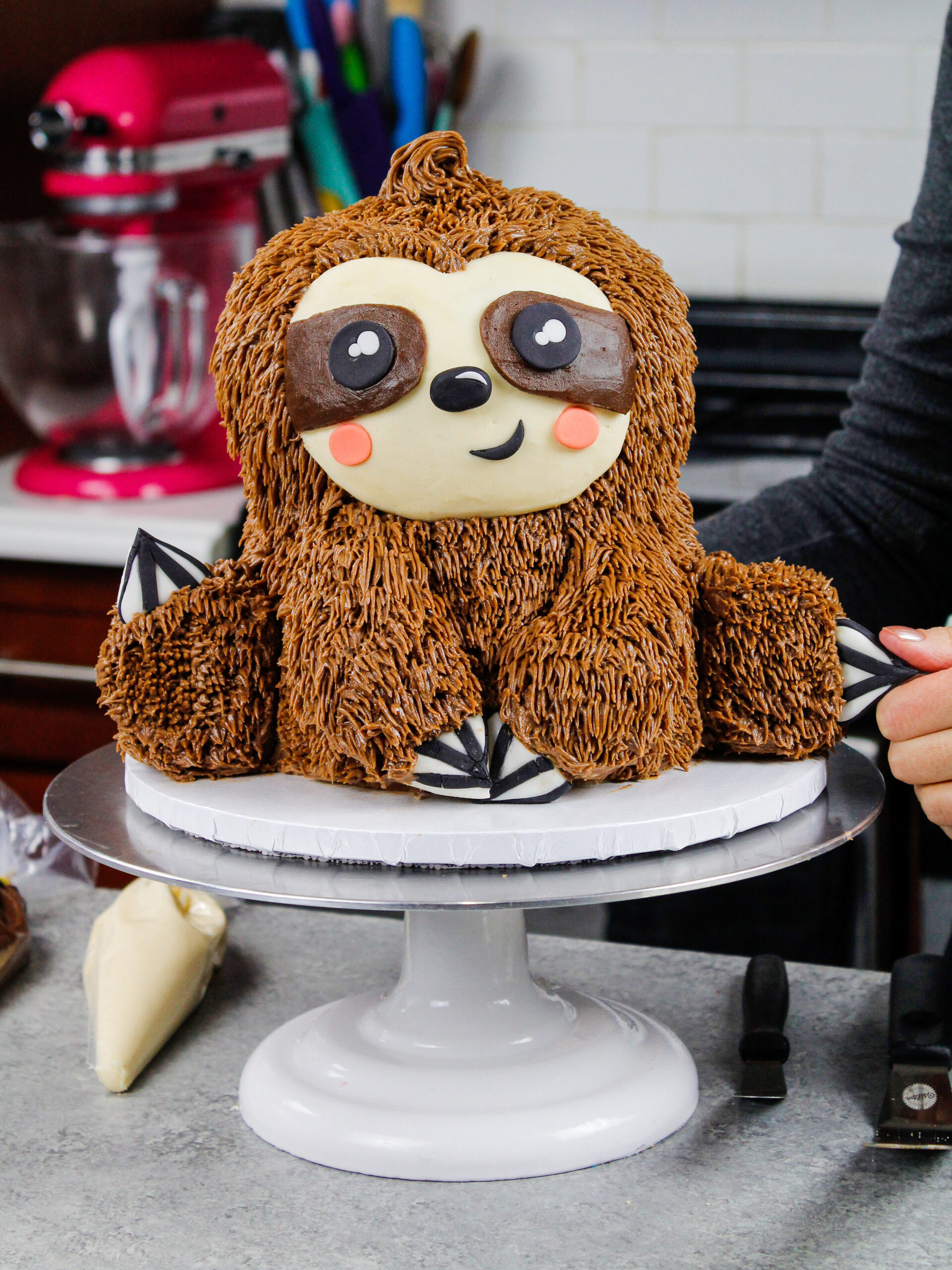 image of a sloth birthday cake made with chocolate cake layers and chocolate peanut butter buttercream and fondant nails