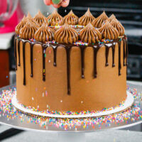 image of rainbow sprinkles being added to a chocolate drip cake