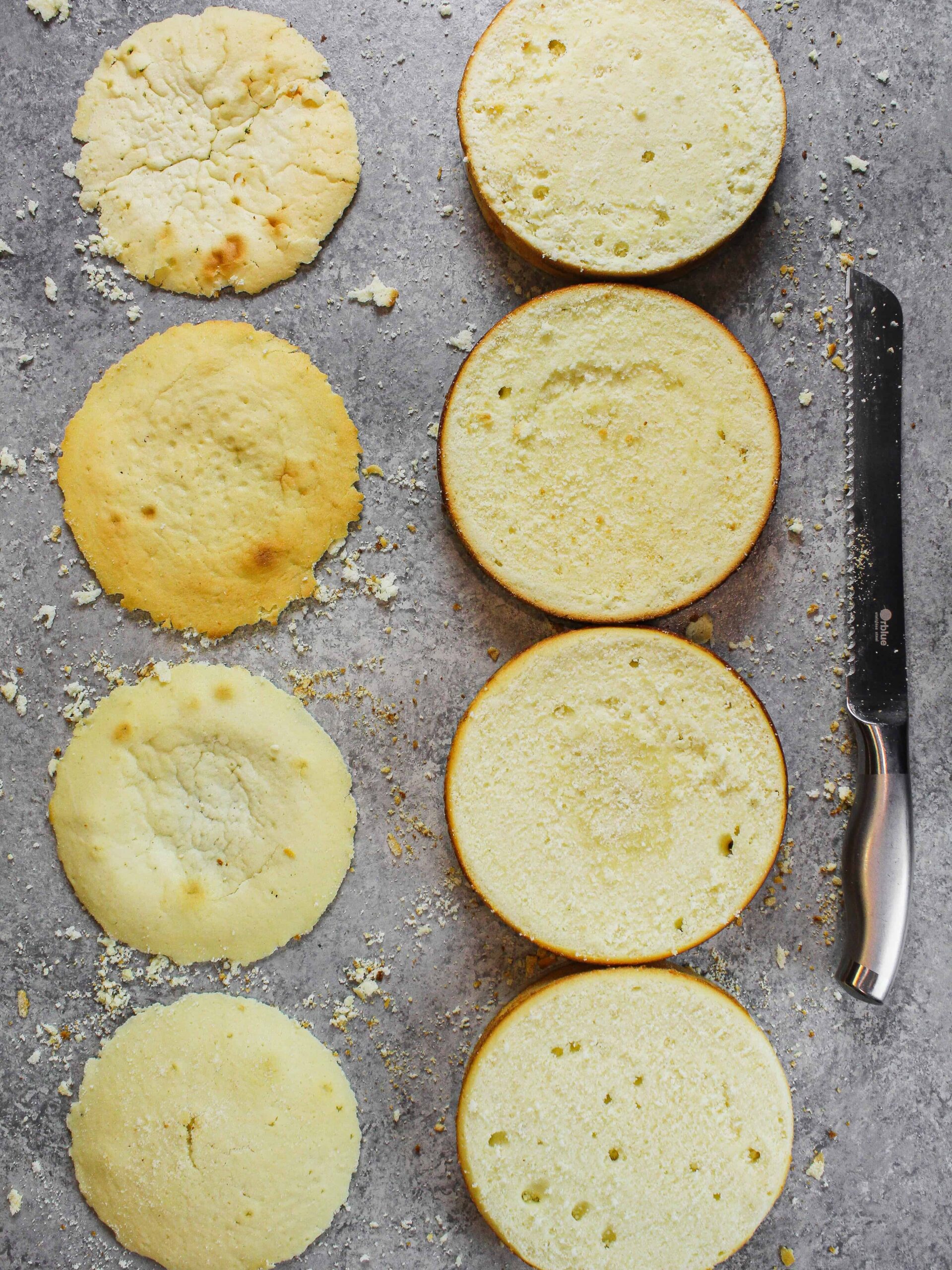 image of cake layers that are over-baked, over-mixed, underbaked, and made with too much flour