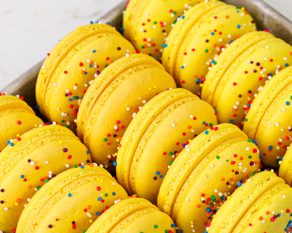 image of funfetti macaron shells that have been decorated with rainbow nonpareil sprinkles