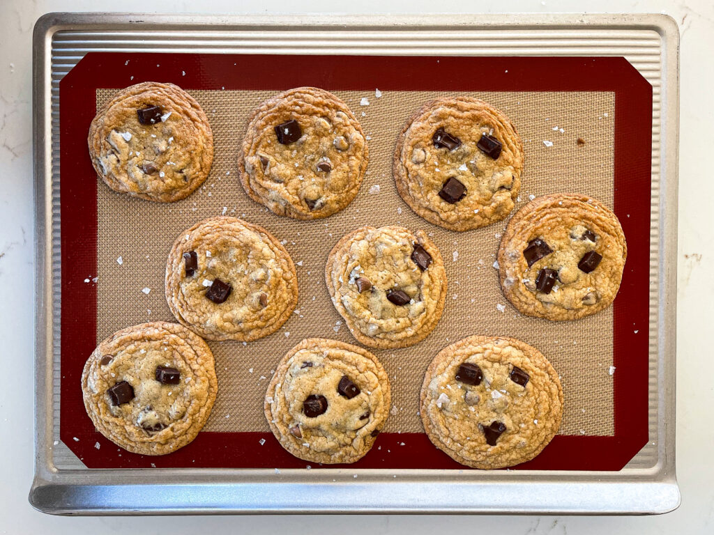 image of no chill chocolate chip cookies that have been garnished with flakey sea salt