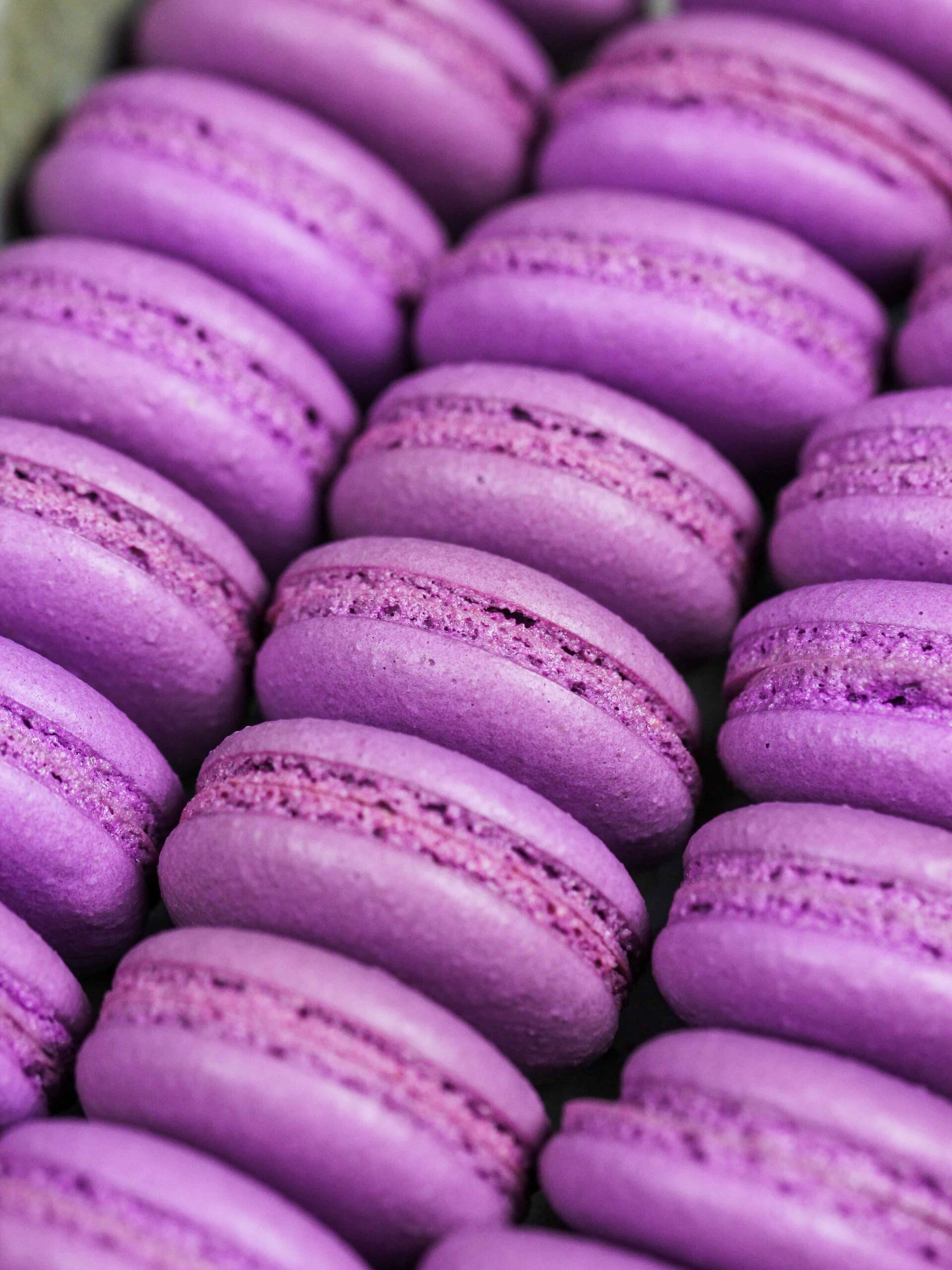 image of purple french macaron shells baked with perfect feet ready to be filled
