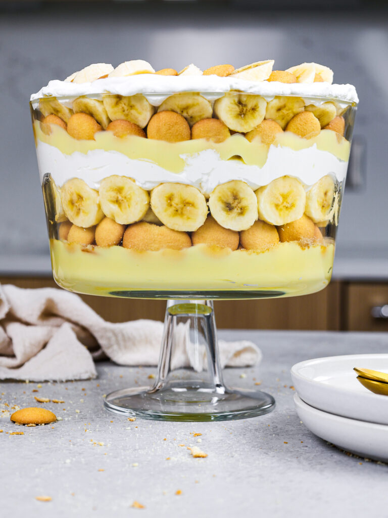 image of banana pudding trifle that's been layered and is ready to be eaten