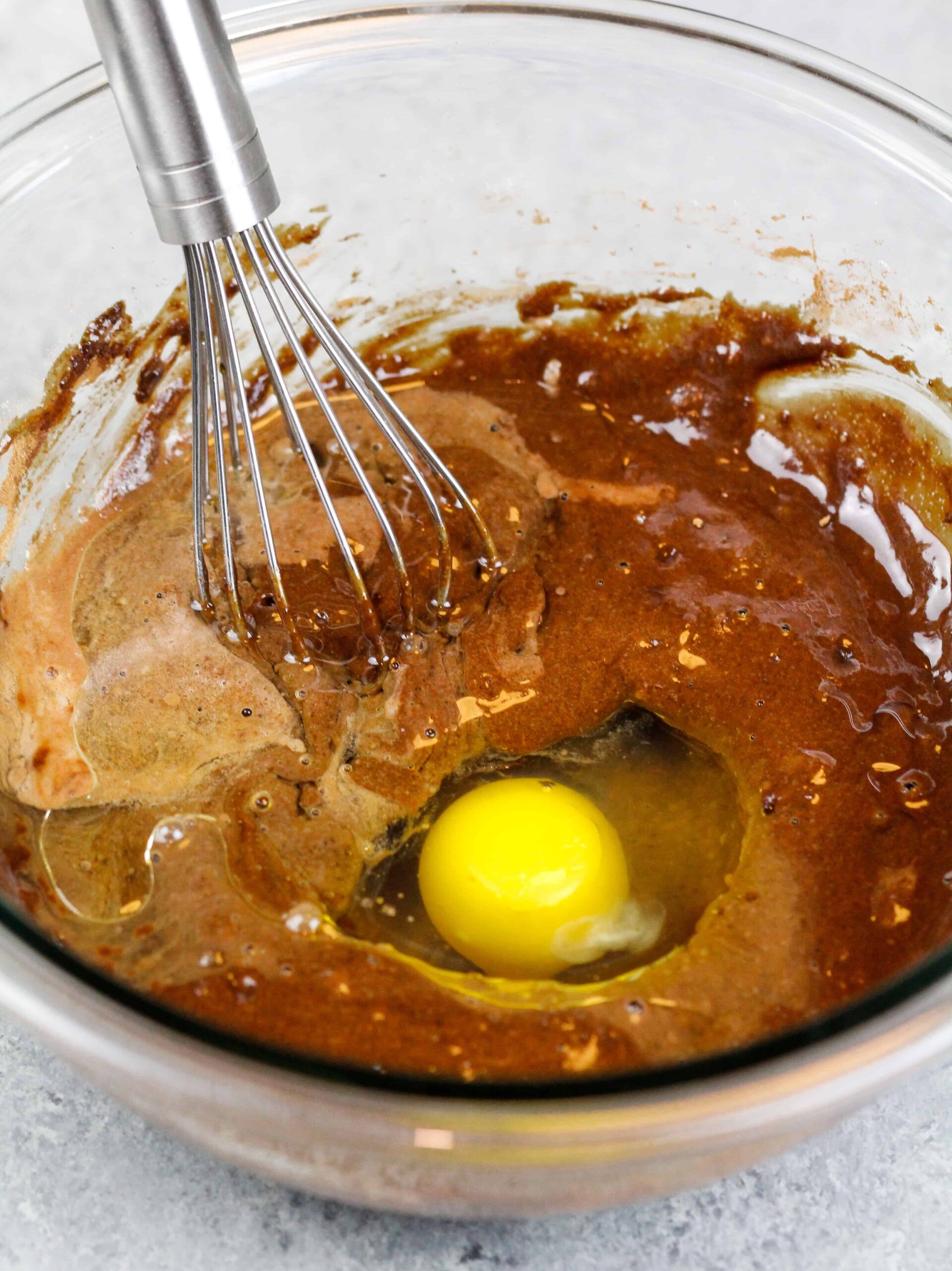 image of chocolate cupcake batter being made with a mini whisk