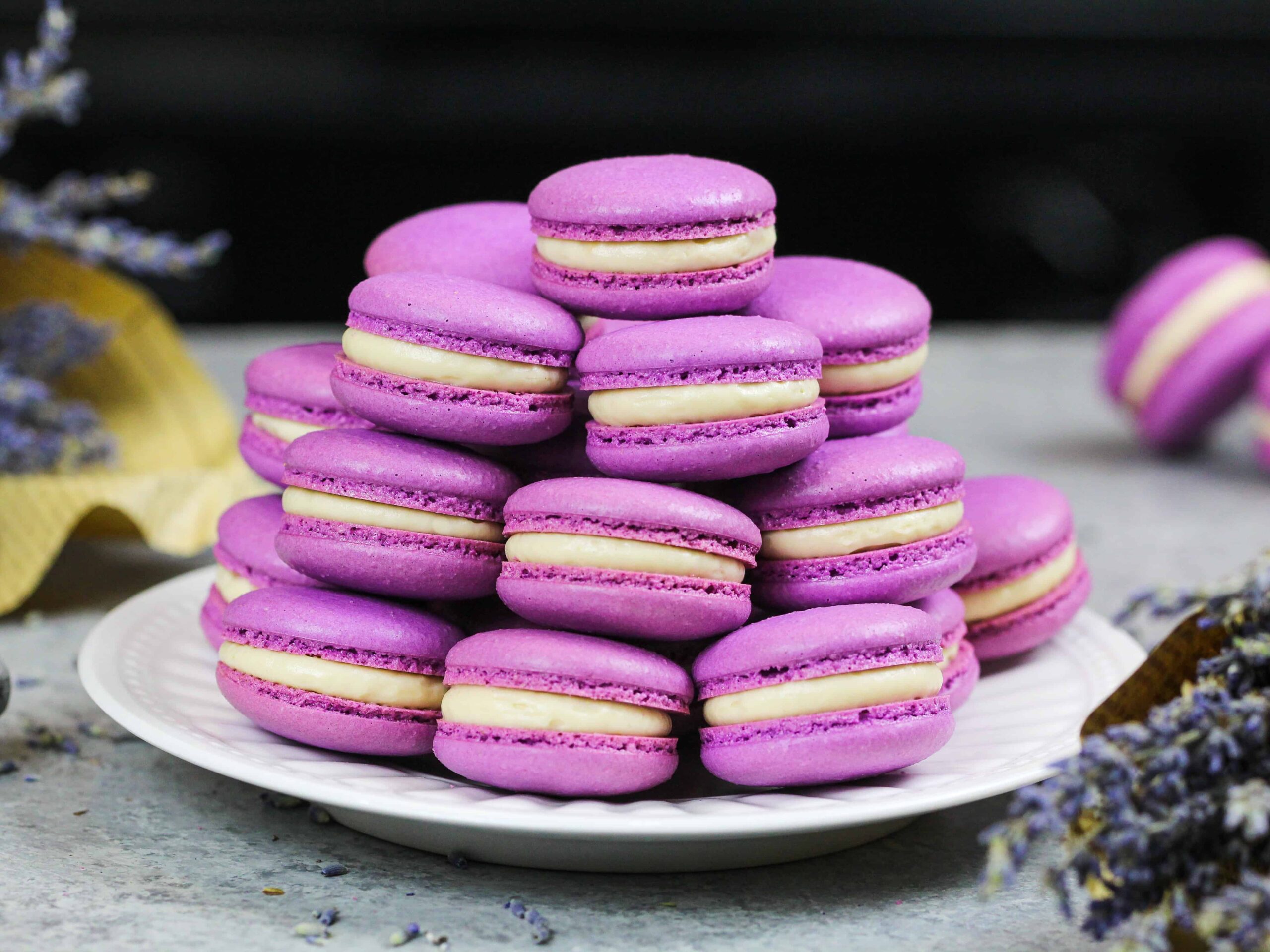 image of french lavender macarons filled with honey lavender buttercream