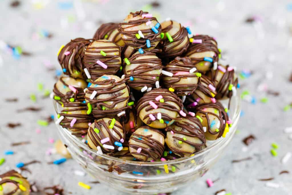 image of cookie dough bites in a bowl