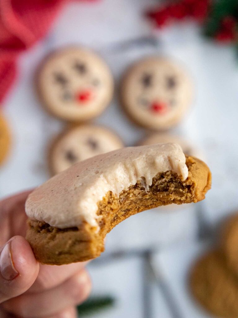 image of a soft batch gingerbread cookie that's been bitten into to show its amazing texture