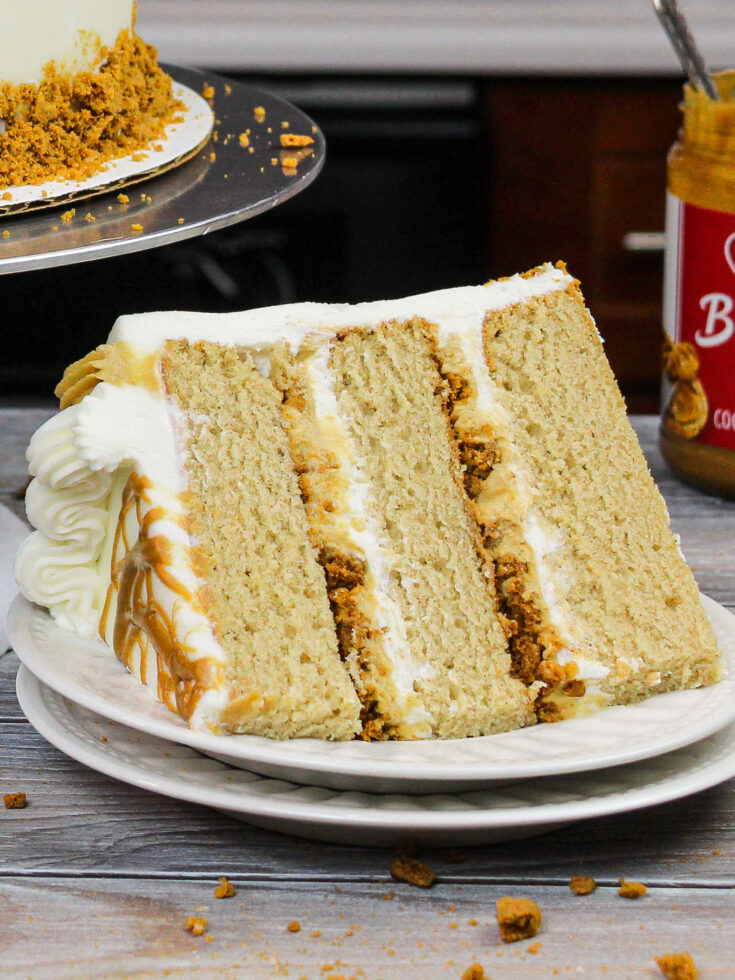 image of a slice of biscoff cake on a plate