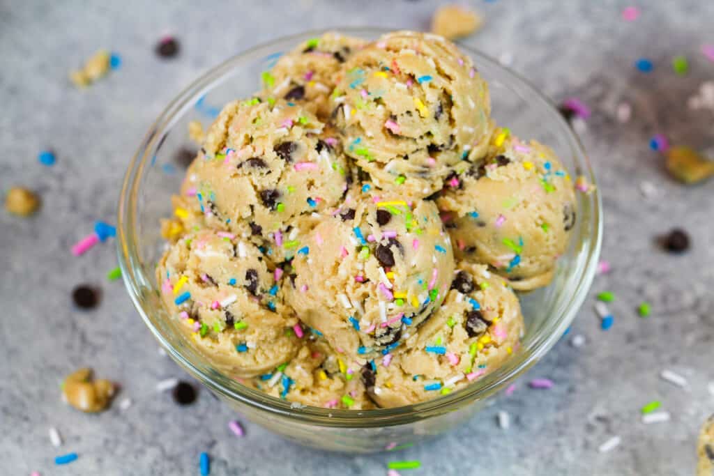 image of vegan edible cookie dough scooped into a bowl to be eaten