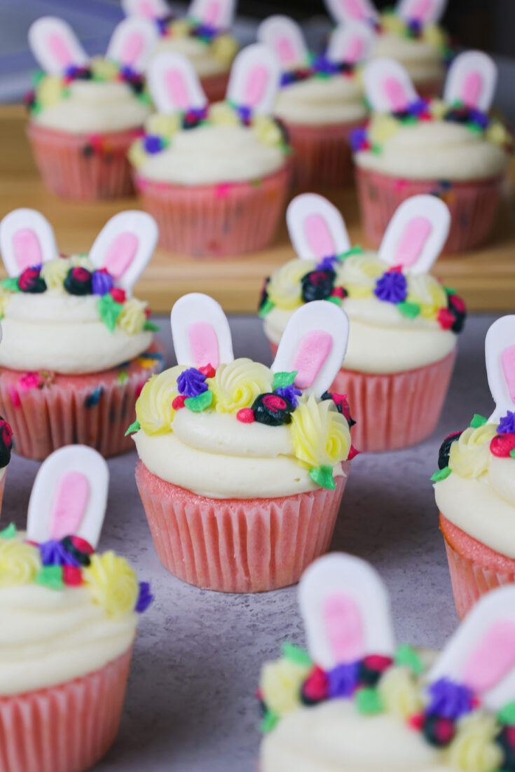 image of adorable and easy to make bunny cupcakes made with buttercream and fondant ears