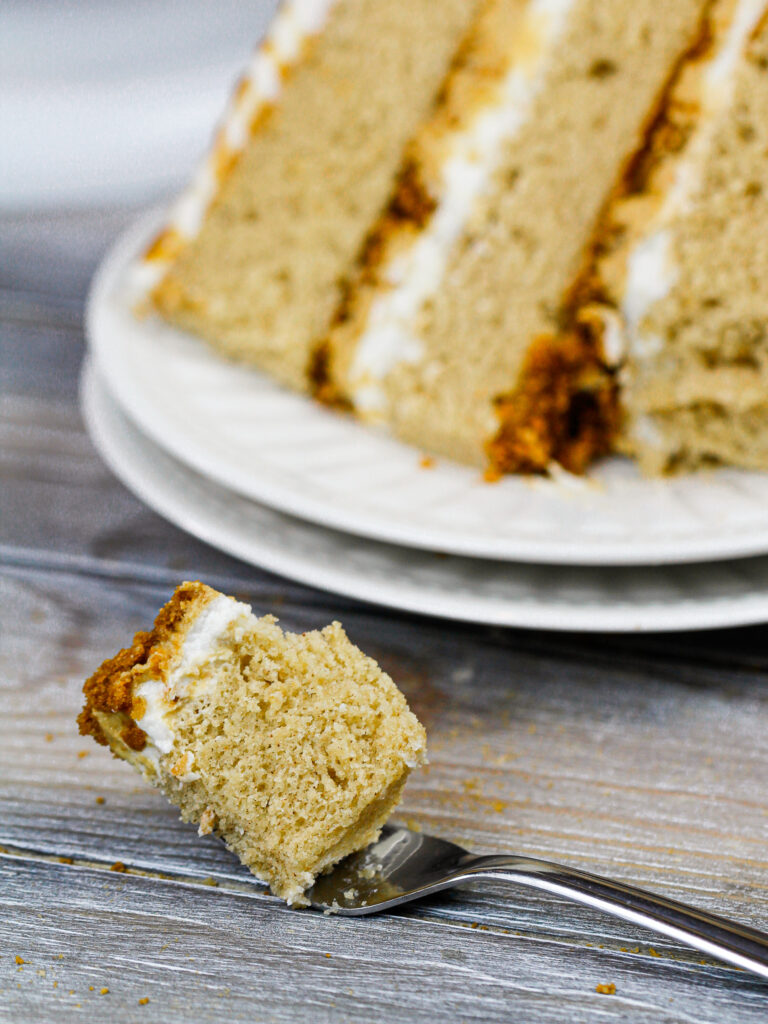 image of a bite of biscoff cake on fork