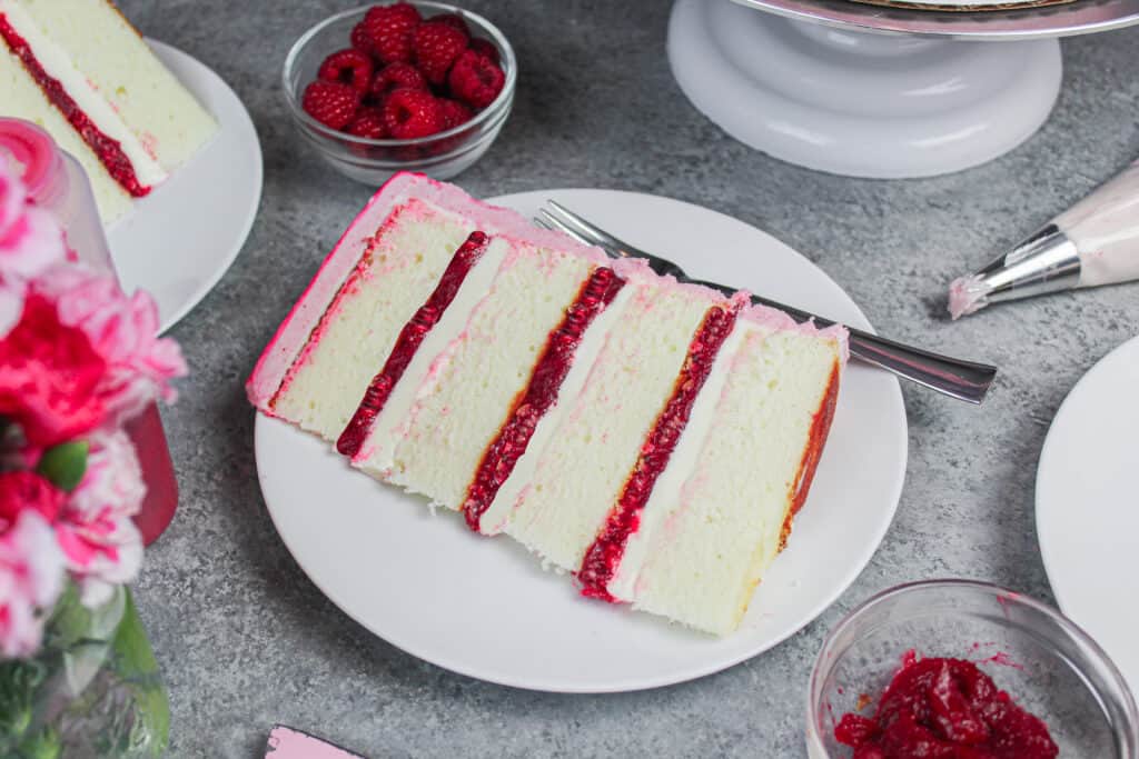 image of slice of white chocolate raspberry cake