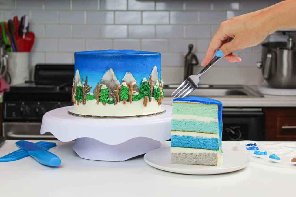 image of winter wonderland cake with pretty blue cake layers