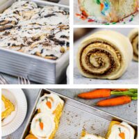 vertical images of multiple flavored cinnamon rolls