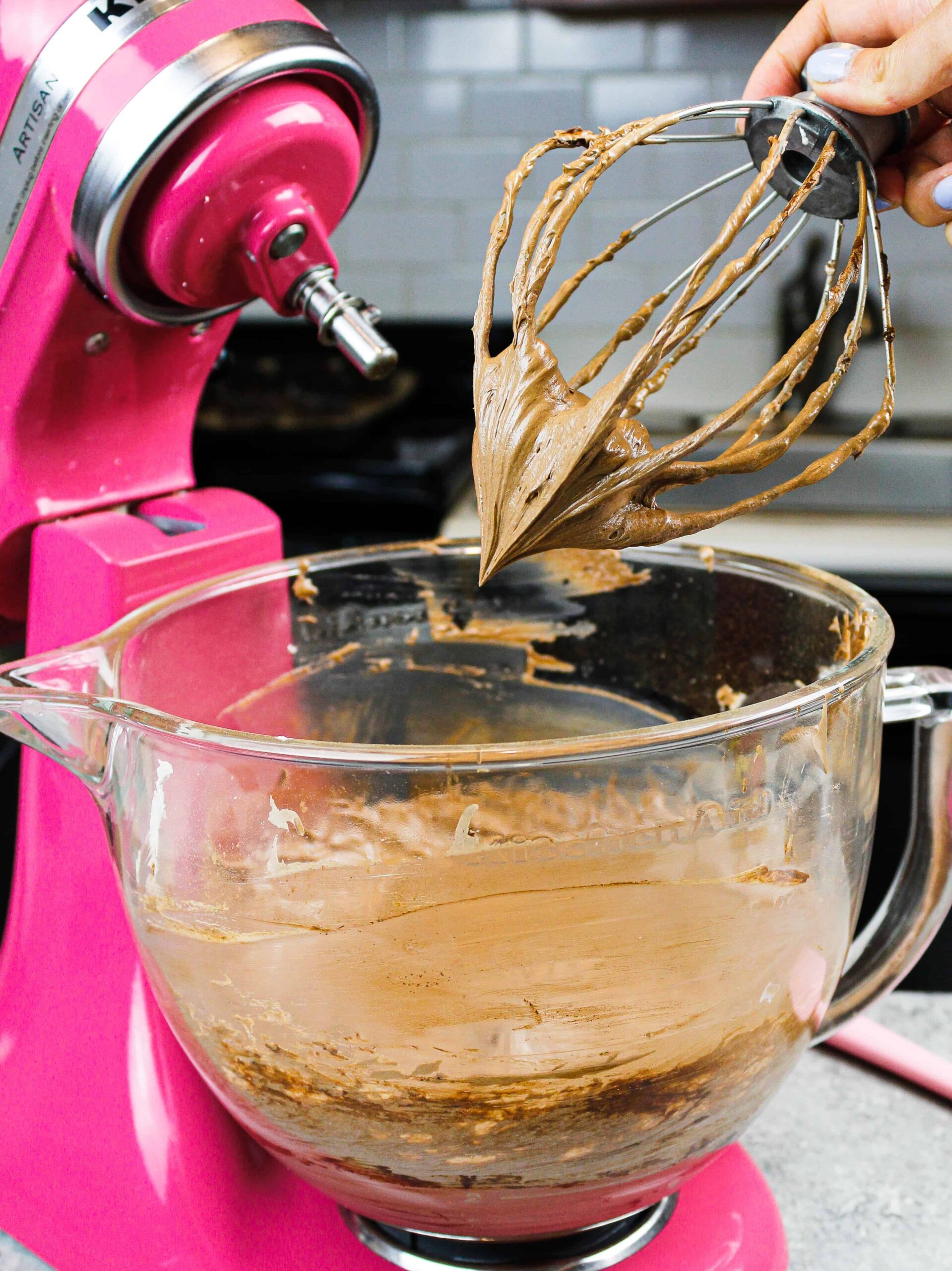 image of chocolate Russian buttercream in a bowl that's been whipped up and is ready to be used