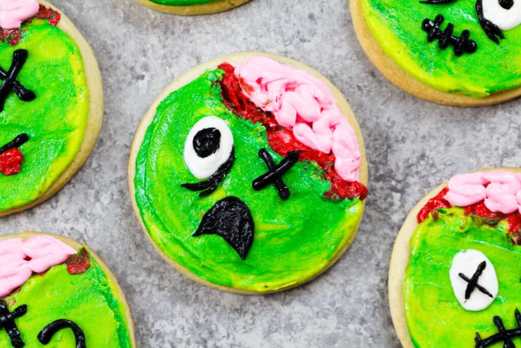 image of zombie cookies made with soft cream cheese cookies and homemade buttercream frosting