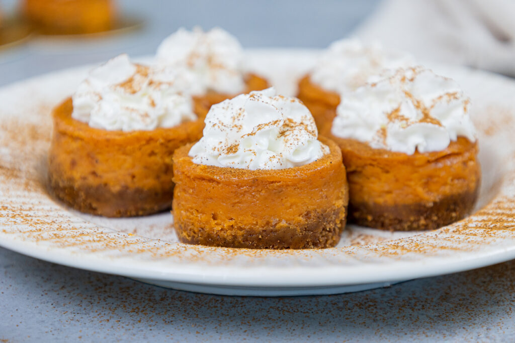 image of mini pumpkin cheesecake on a plate showing how small they are