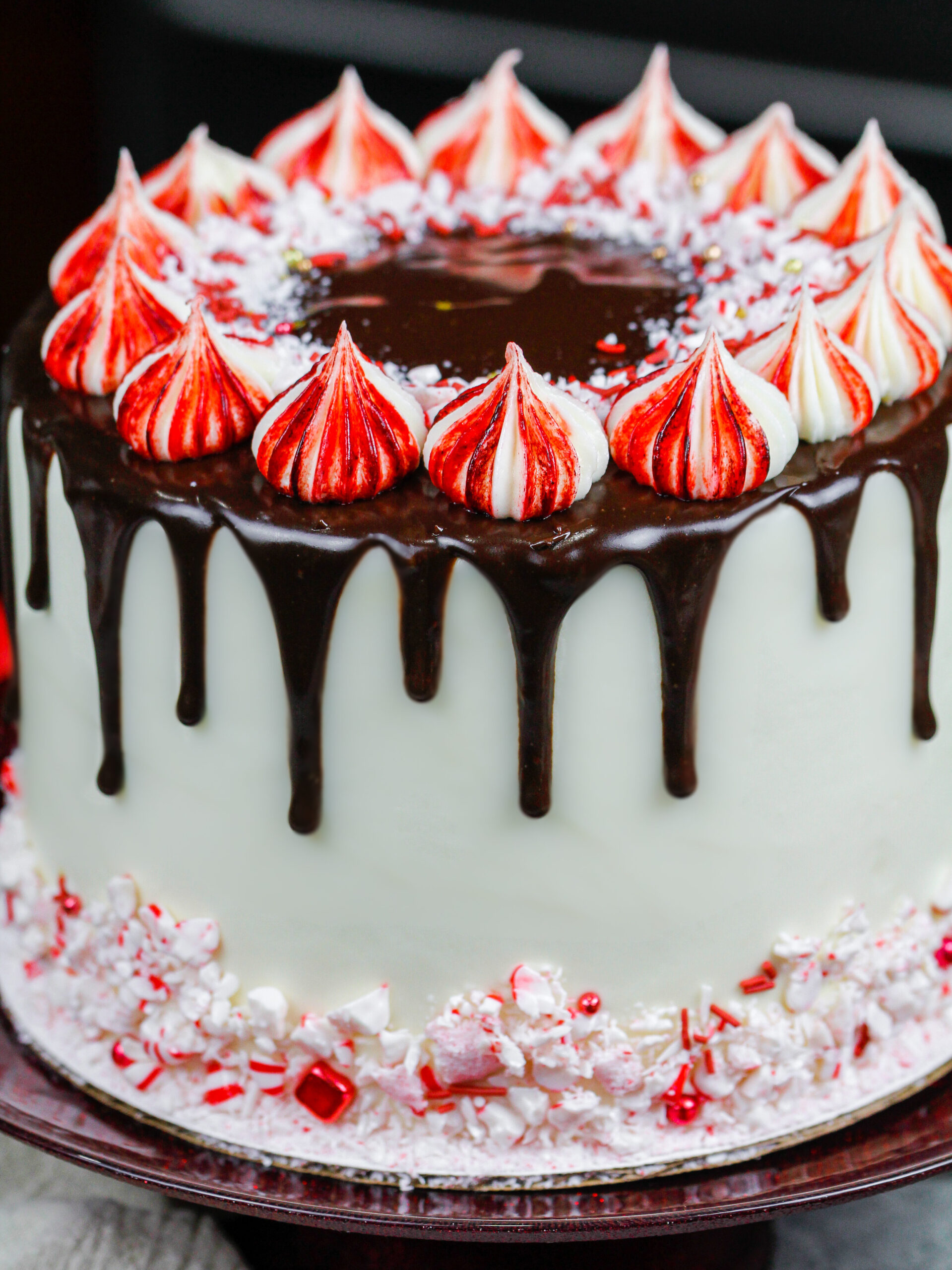 image of a peppermint mocha cake decorated with crushed peppermint and a mocha chocolate drip