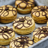 image of coffee macarons filled with coffee buttercream and decorated with a drizzle of dark chocolate and a coffee bean