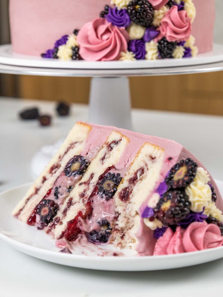 image of a slice of blackberry cake that's been cut into with a fork