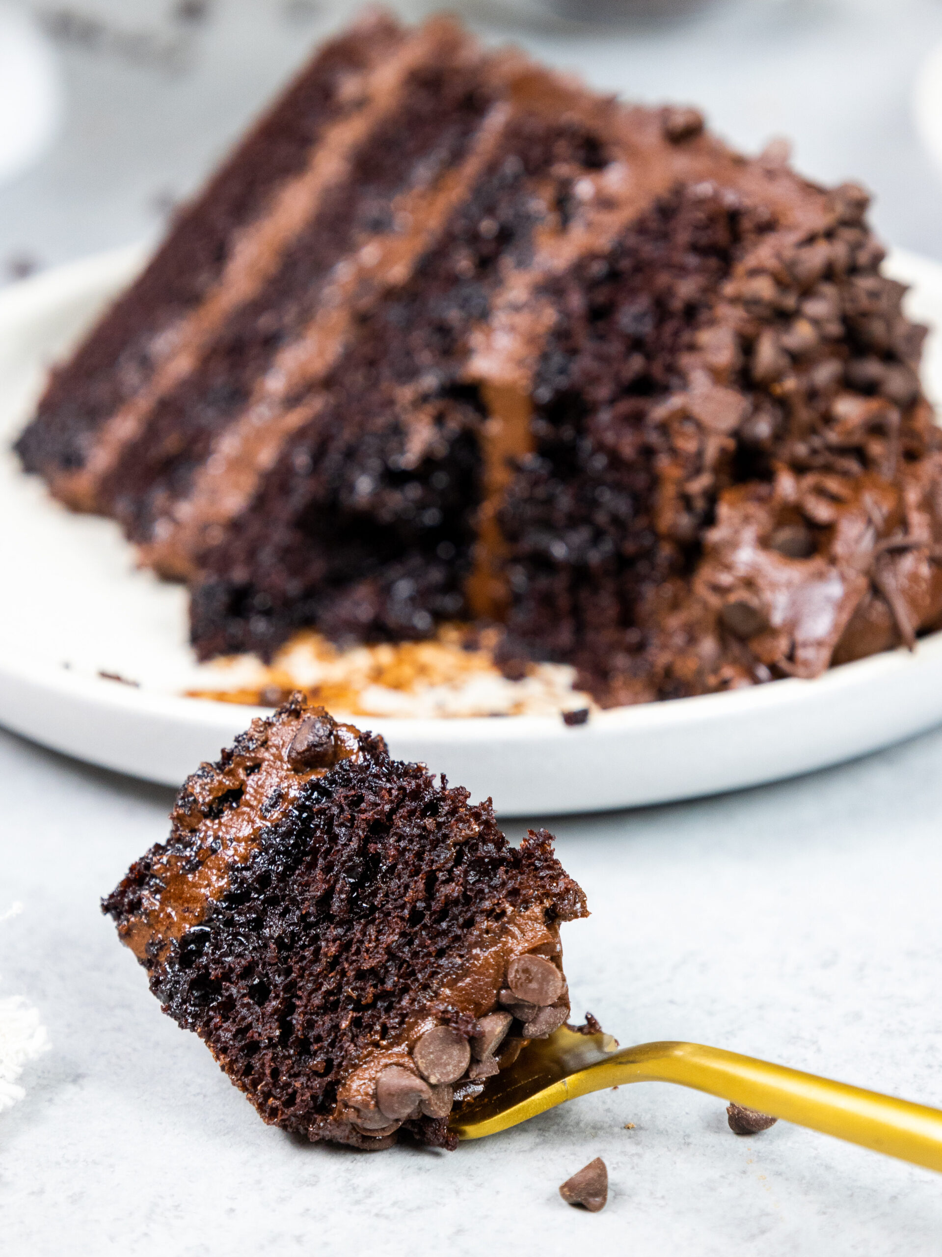 image of a slice of death by chocolate cake made with moist chocolate cake layers, decadent dark chocolate buttercream, and coated with mini chocolate chips on a plate