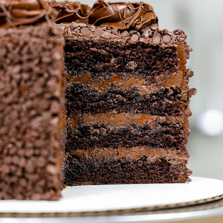 image of a death by chocolate cake made with moist chocolate cake layers, decadent dark chocolate buttercream, and coated with mini chocolate chips