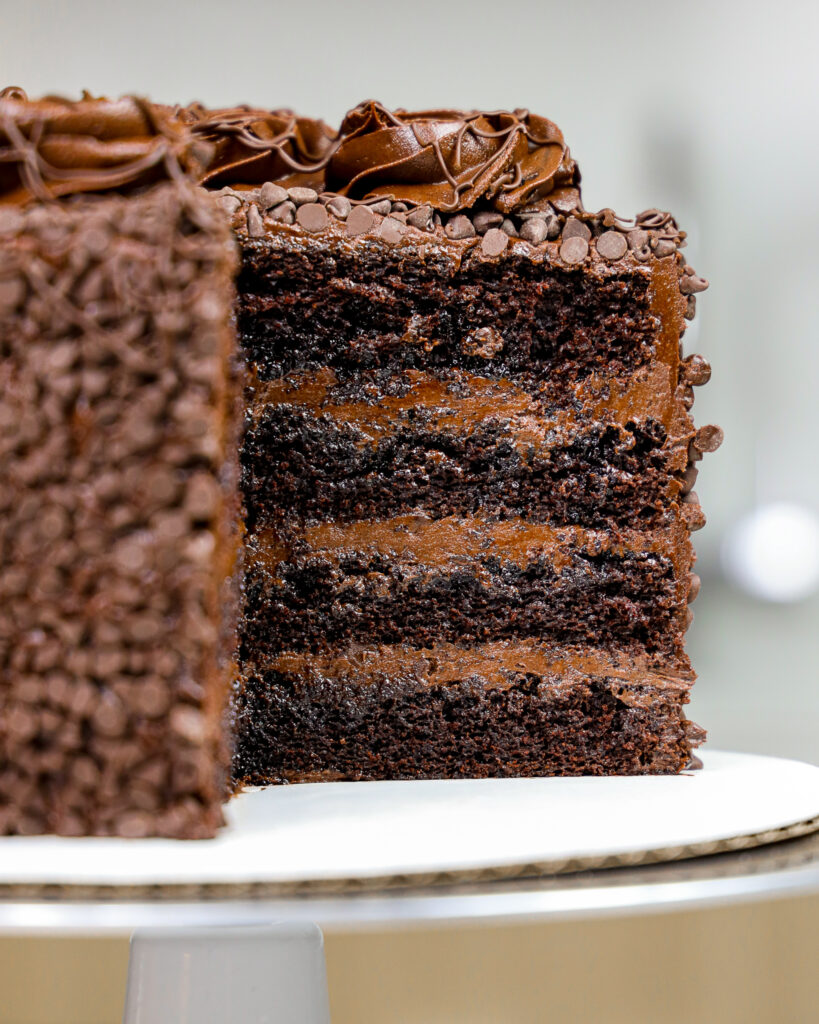 image of a death by chocolate cake made with moist chocolate cake layers, decadent dark chocolate buttercream, and coated with mini chocolate chips