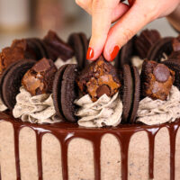 image of a brownie square being added to the top of a brownie oreo cake