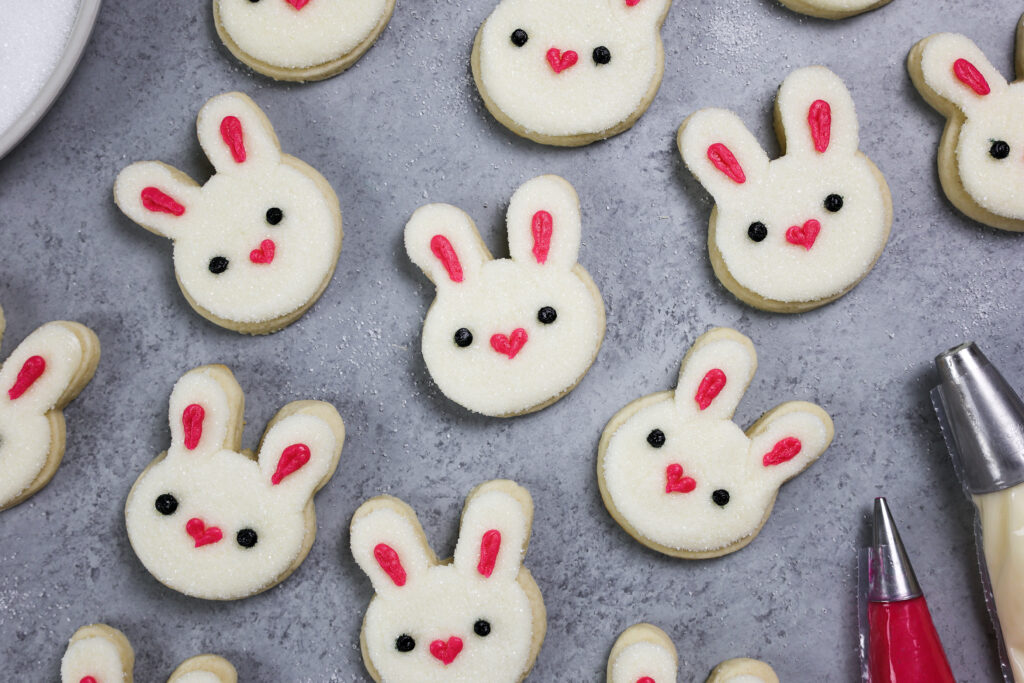 image of adorable bunny rabbit cookies decorated with buttercream and sprinkles
