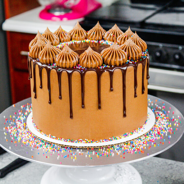 image a gorgeous chocolate drip cake decorated with small rainbow nonpareil sprinkles