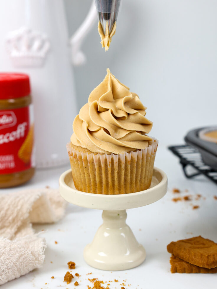 image of a cupcake that's been frosted with biscoff buttercream