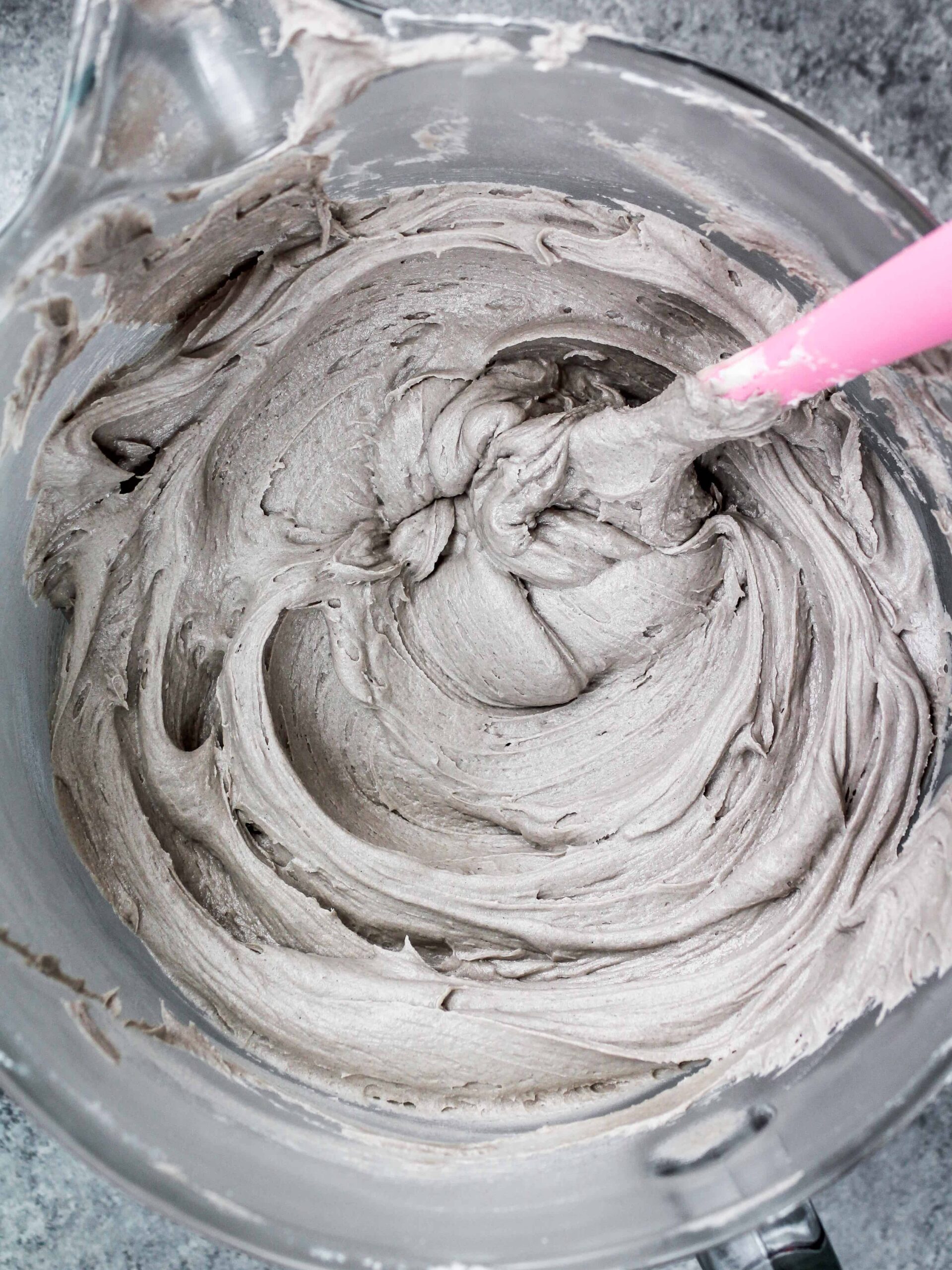 image of naturally grey buttercream frosting made with black cocoa powder