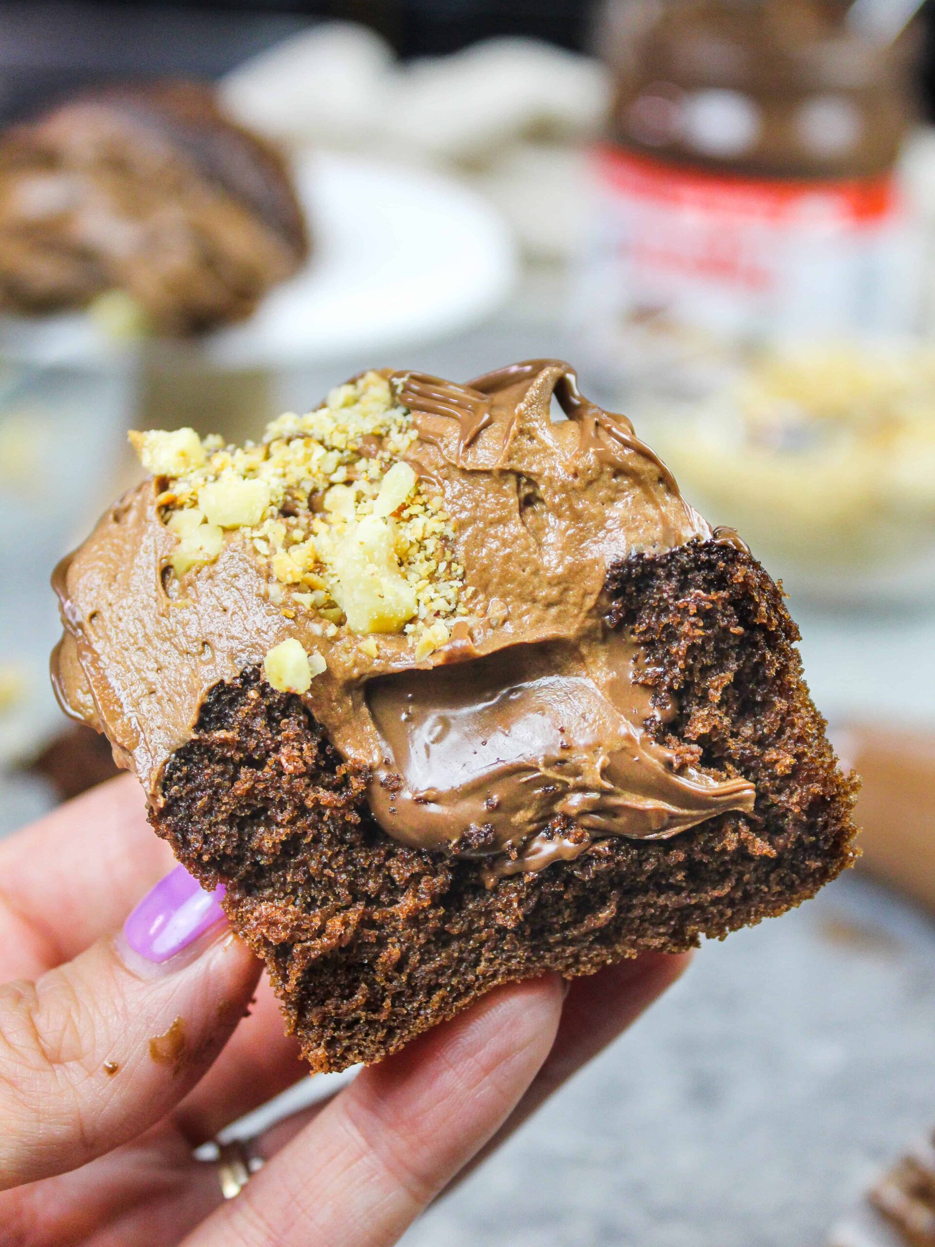 image of a nutella cupcake that's been cut into to show its nutella filled center