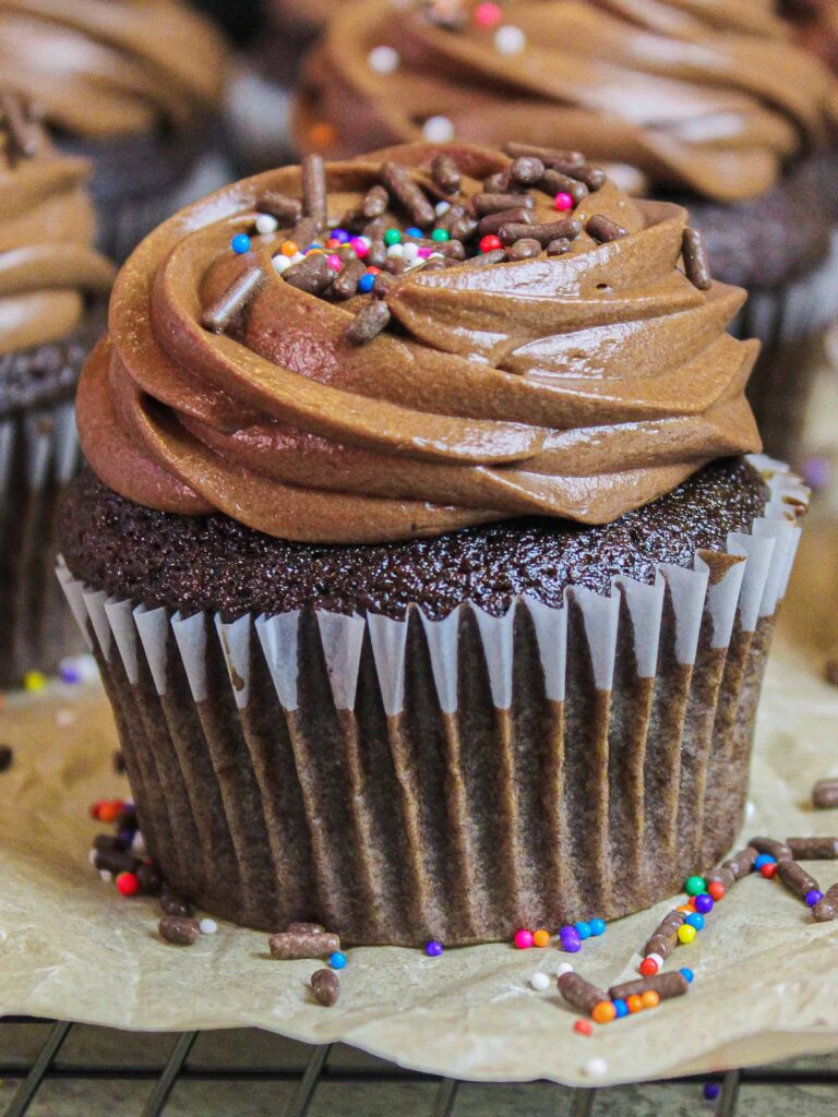 photo of chocolate cupcake frosted with chocolate scm frosting