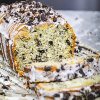 image of oreo banana bread that's been cut into to show how tender its texture is