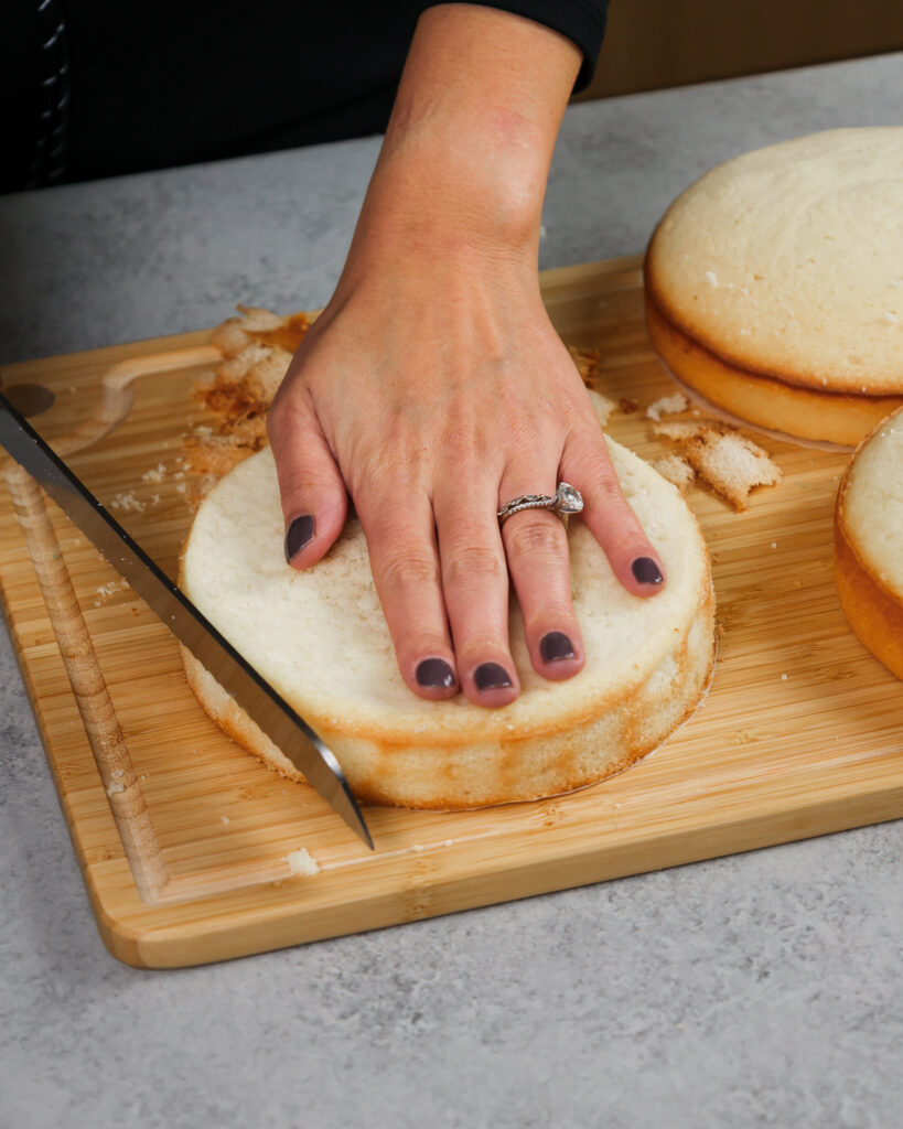 image of a 6-inch cake layer that's been leveled and trimmed using a serrated knife