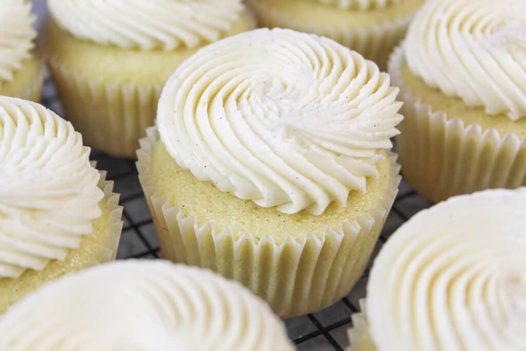 image of eggless or egg free cupcakes frosted with egg free buttercream frosting