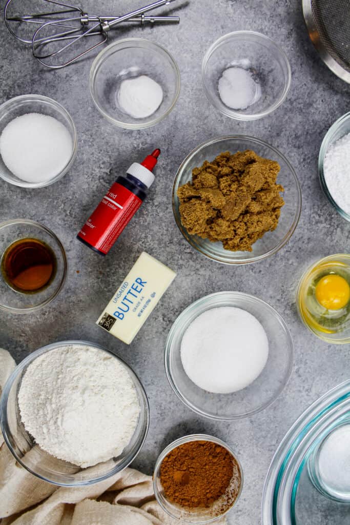 image of ingredients laid out to make red velvet crinkle cookies 