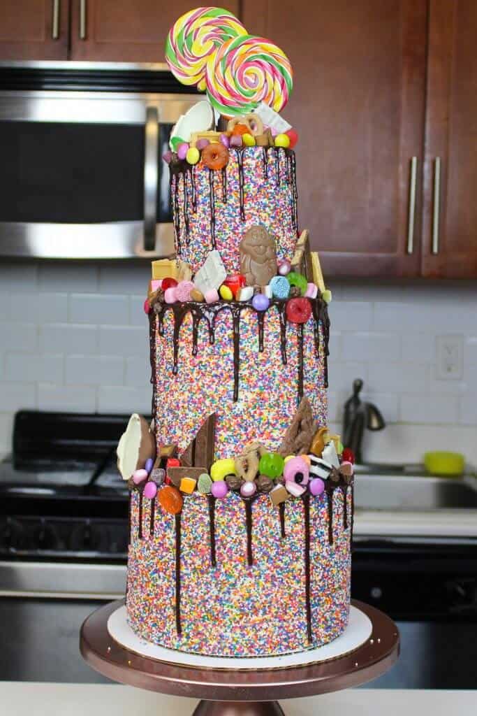Photo of a three tiered candy drip cake