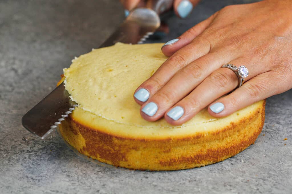 image of cake layers being to make it easier to assemble my cake, and to prevent my frosting from bulging or cracking.