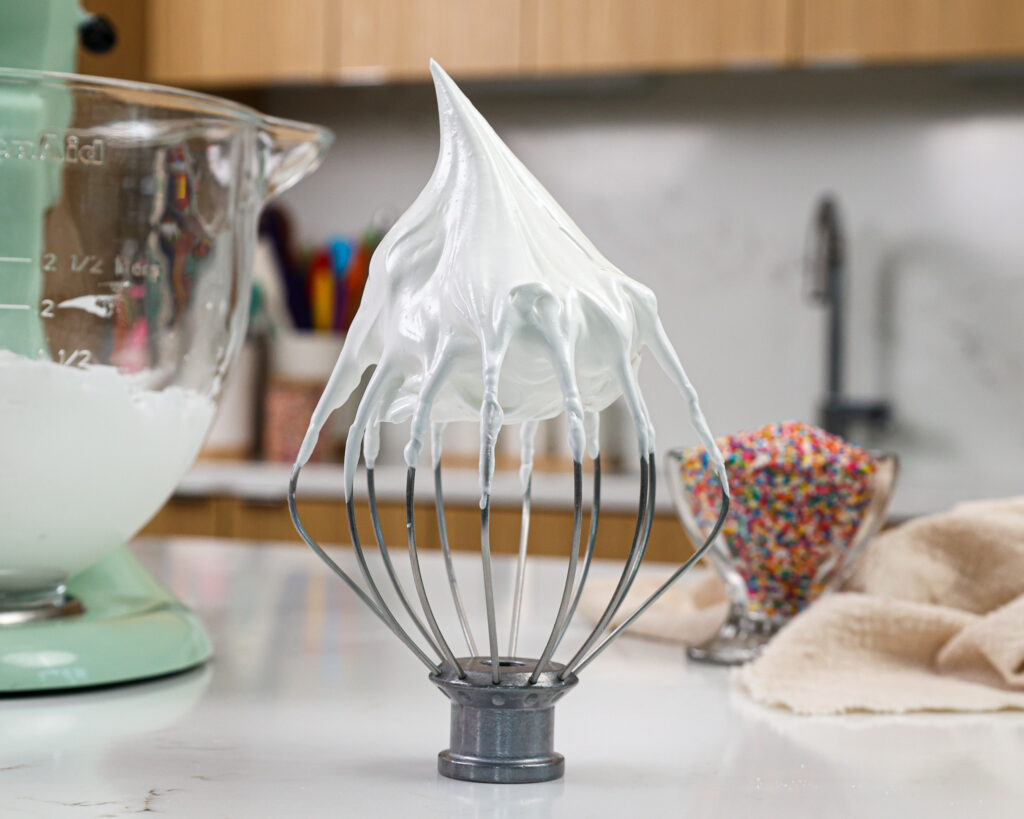 image of meringue that's shiny and has reached stiff peak stage for making macarons