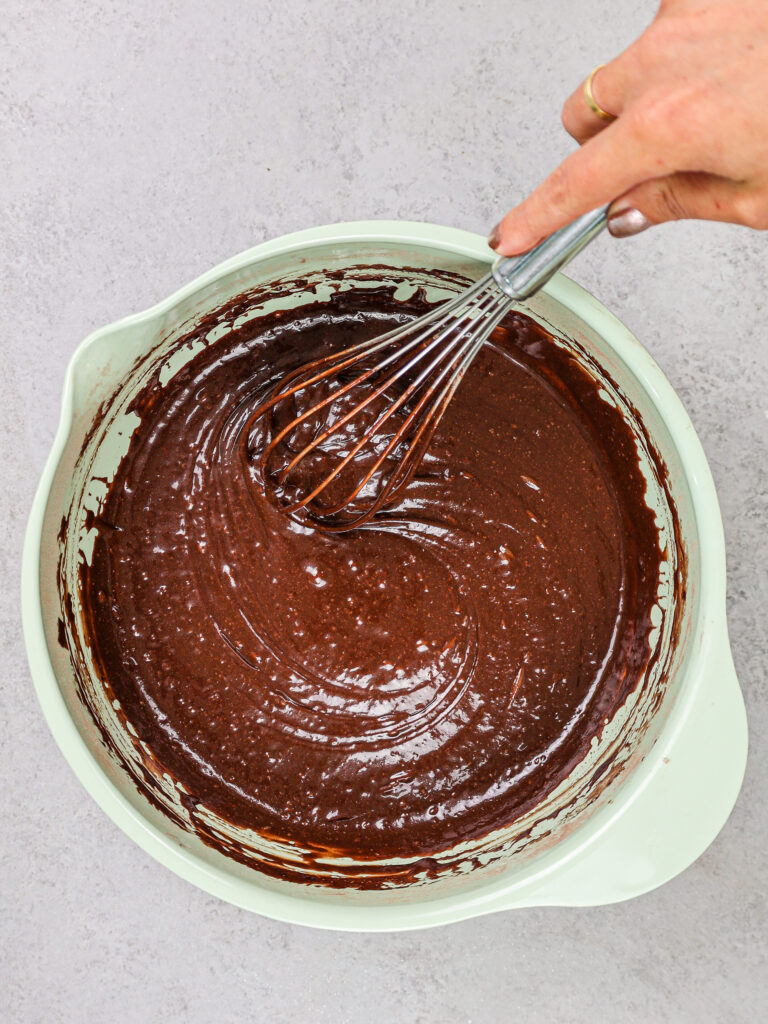 image of moist chocolate cake batter being mixer together