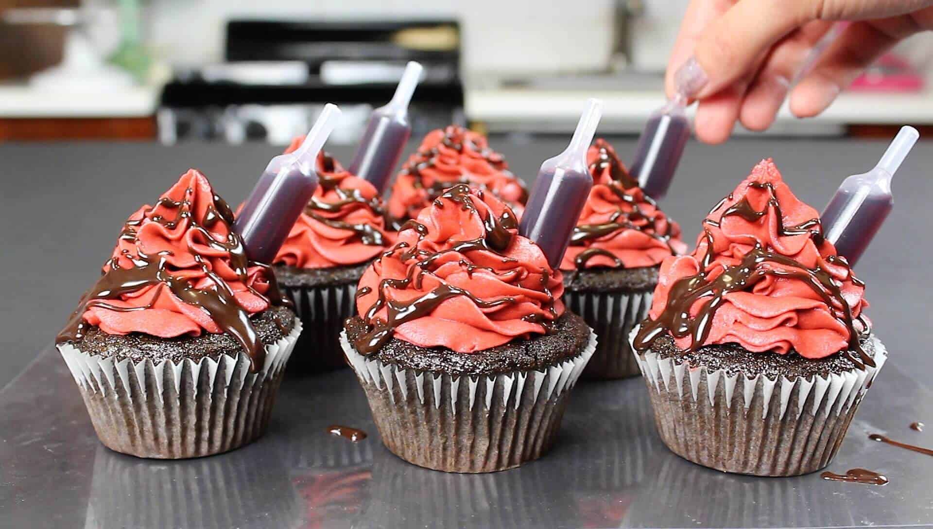 Red Wine Chocolate Cupcakes - with wine bottle pipette