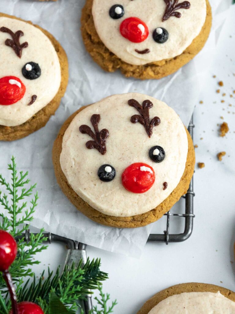 image of cute buttercream gingerbread reindeer cookies