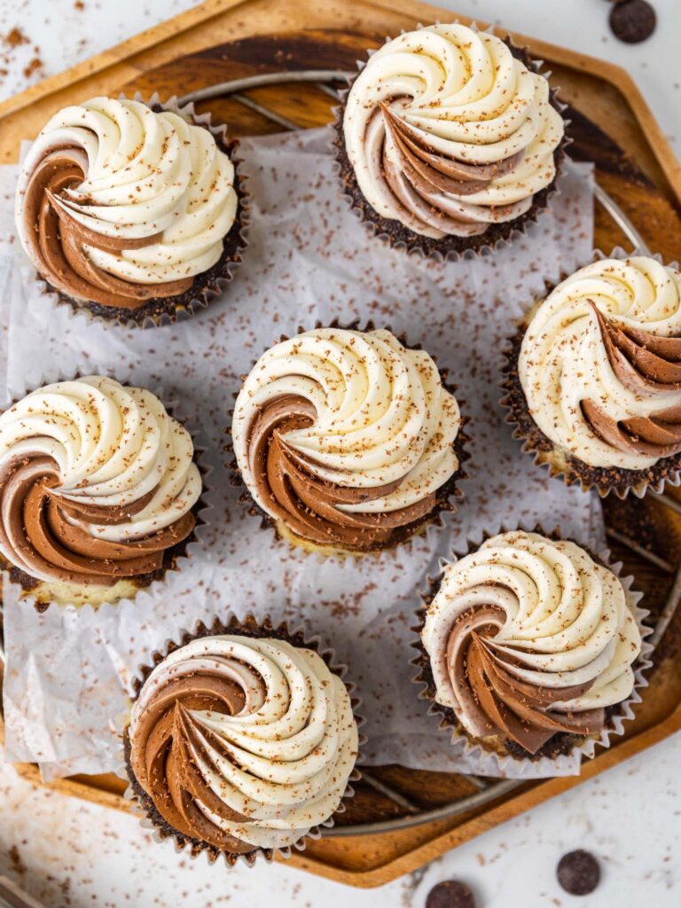 image of marble cupcakes that have been frosted with chocolate and vanilla frosting