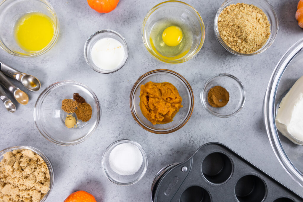 image of ingredients laid out to make mini pumpkin cheesecake