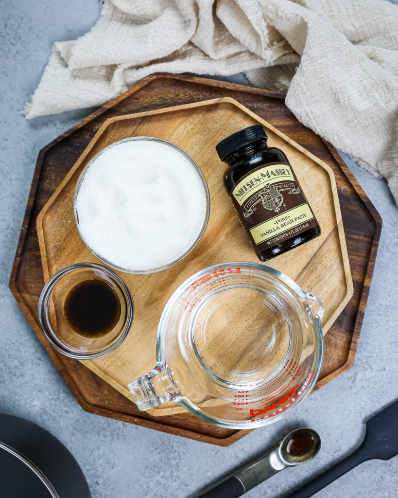 image of ingredients laid out to make vanilla simple syrup