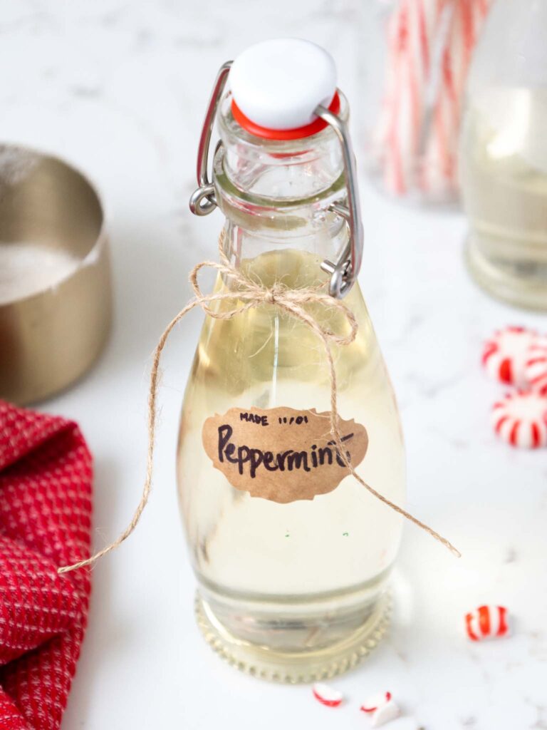 image of peppermint simple syrup in a cute little bottle