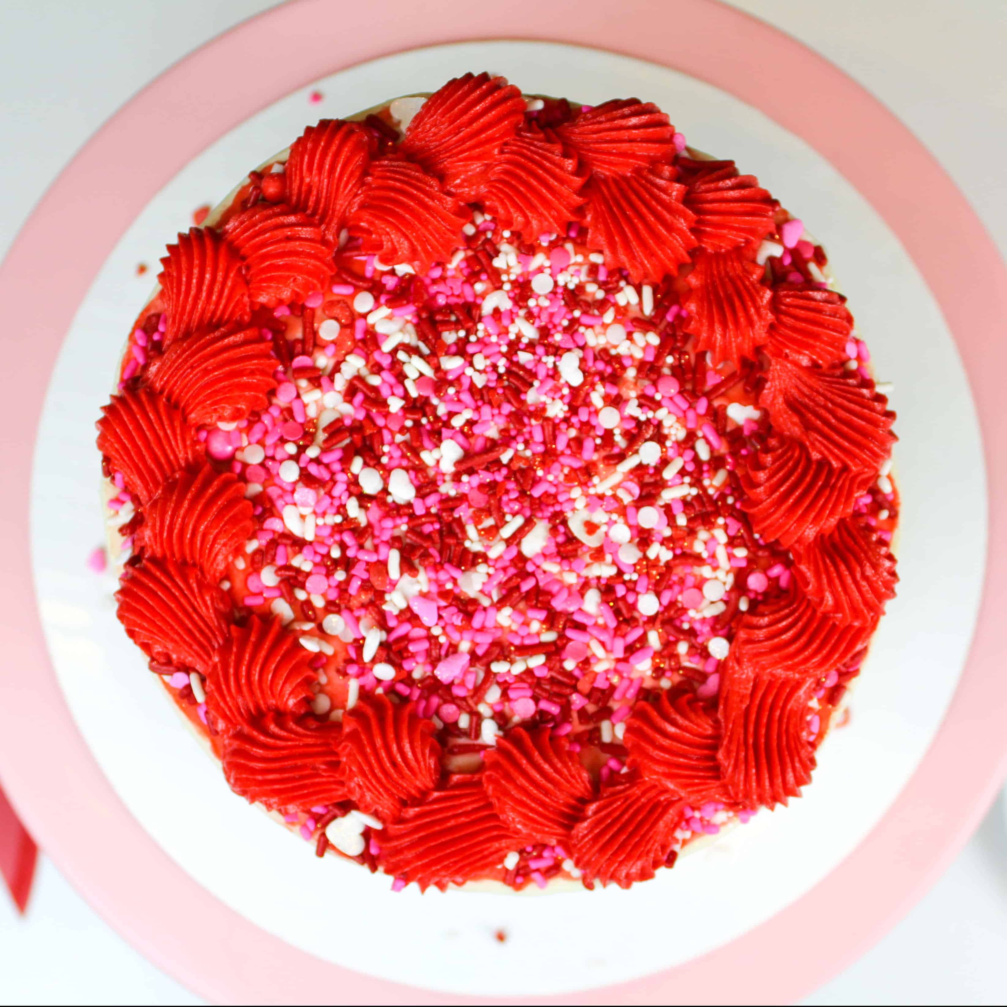 Photo of my Valentine's Day sprinkle cake, with bright red buttercream